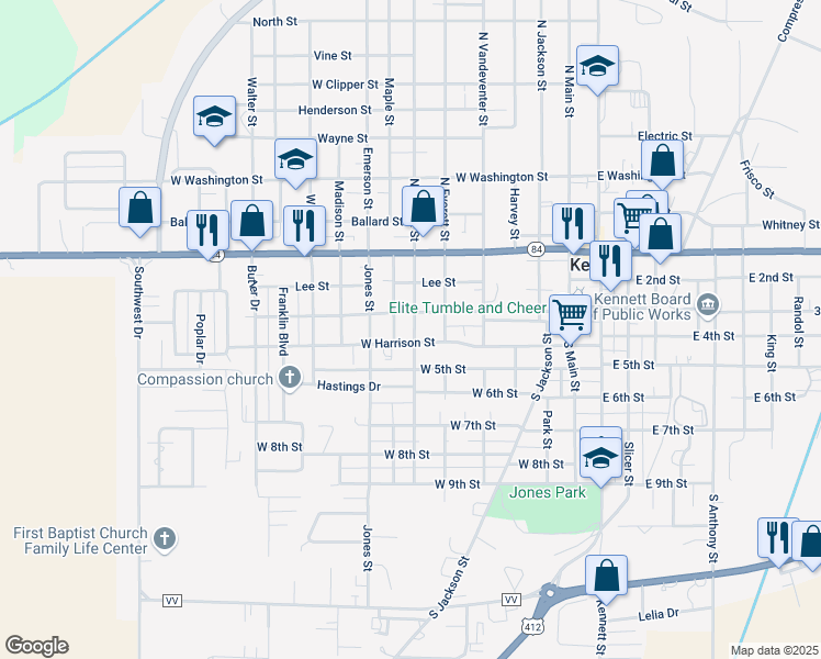 map of restaurants, bars, coffee shops, grocery stores, and more near 313 South Walnut Street in Kennett