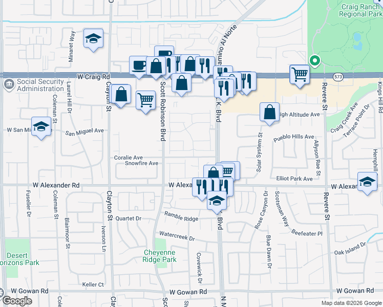 map of restaurants, bars, coffee shops, grocery stores, and more near 1635 Cowboy Path Avenue in North Las Vegas