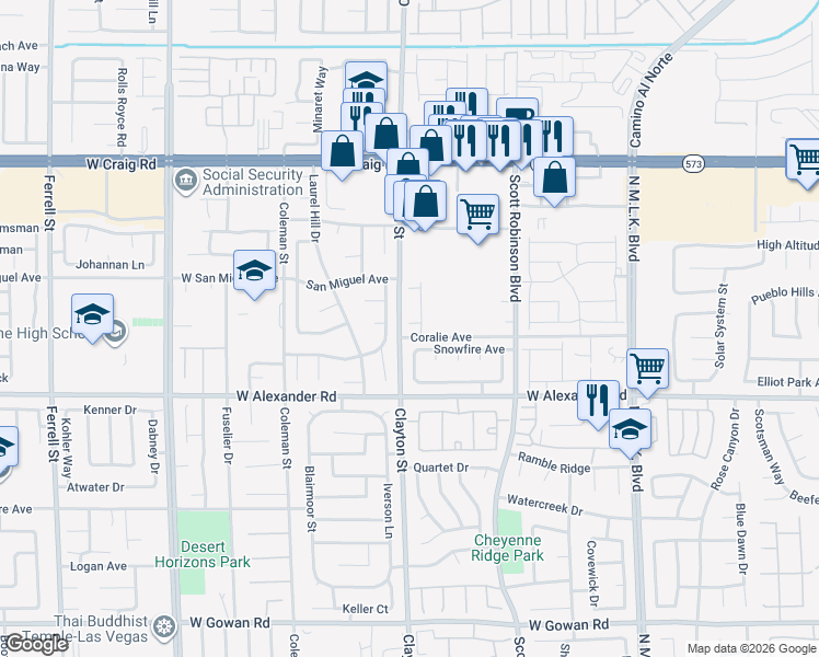 map of restaurants, bars, coffee shops, grocery stores, and more near 1981 Komodo Dragon Court in North Las Vegas