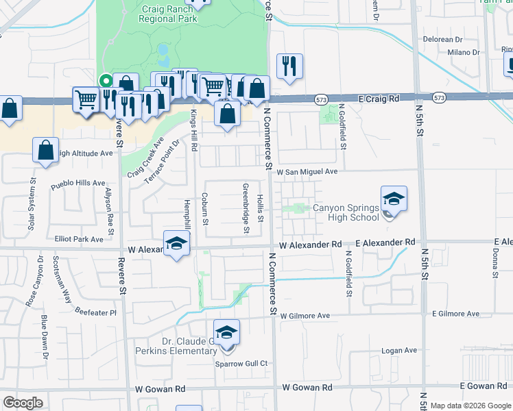 map of restaurants, bars, coffee shops, grocery stores, and more near 4105 Hollis Street in North Las Vegas