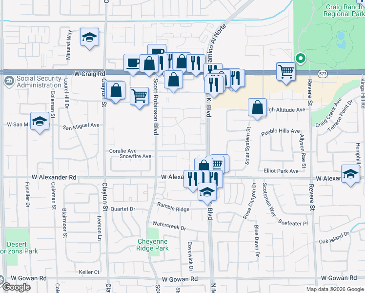 map of restaurants, bars, coffee shops, grocery stores, and more near 1635 Cowboy Path Avenue in North Las Vegas