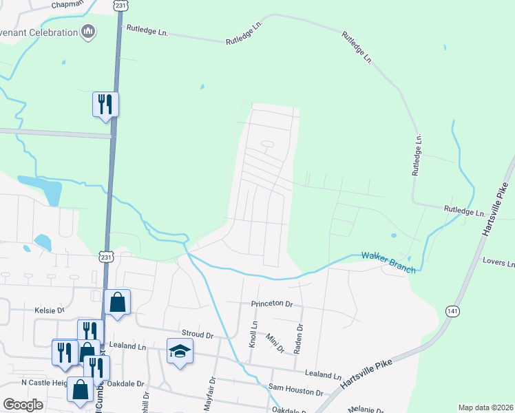 map of restaurants, bars, coffee shops, grocery stores, and more near 1046 Pepper Stone Drive in Lebanon