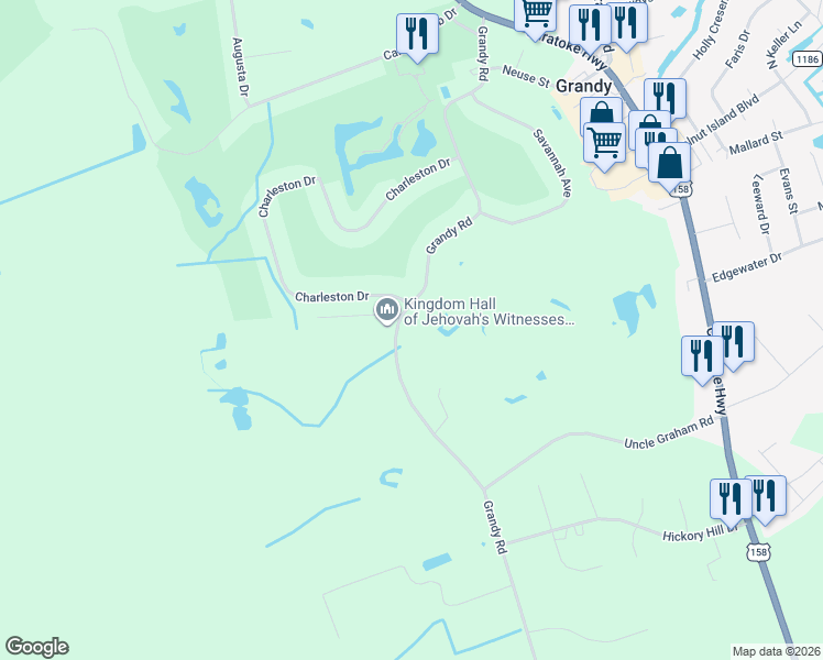 map of restaurants, bars, coffee shops, grocery stores, and more near 271 Grandy Road in Grandy