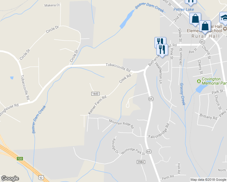 map of restaurants, bars, coffee shops, grocery stores, and more near 778 State Road 1643 in Rural Hall