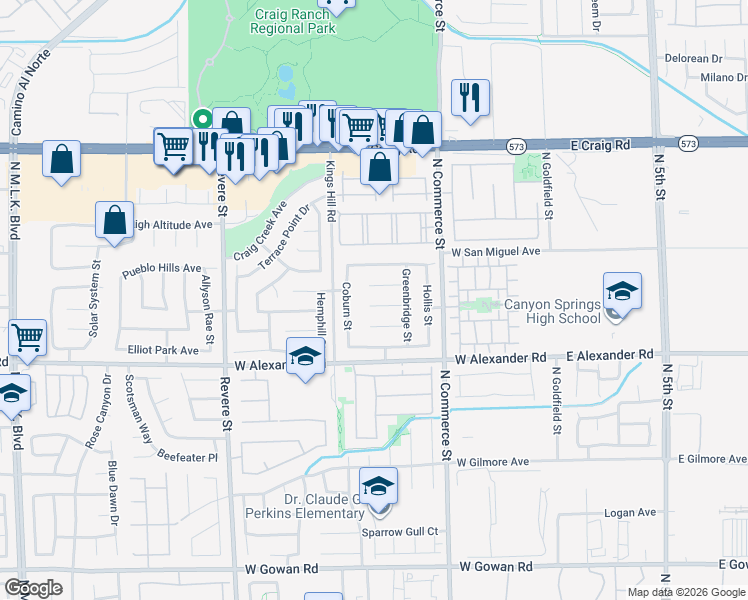 map of restaurants, bars, coffee shops, grocery stores, and more near 358 Common Court in North Las Vegas