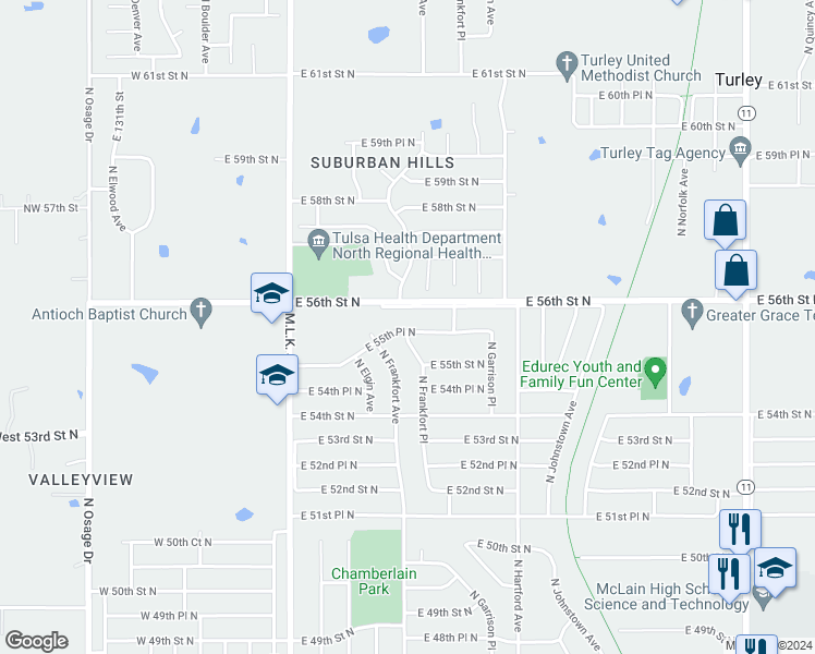 map of restaurants, bars, coffee shops, grocery stores, and more near 531 East 55th Place North in Tulsa