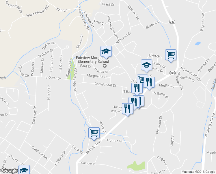 map of restaurants, bars, coffee shops, grocery stores, and more near 1244 Carmichael St in Morristown