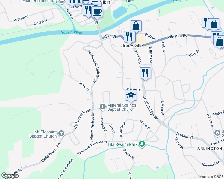 map of restaurants, bars, coffee shops, grocery stores, and more near 124 Cemetery Drive in Jonesville
