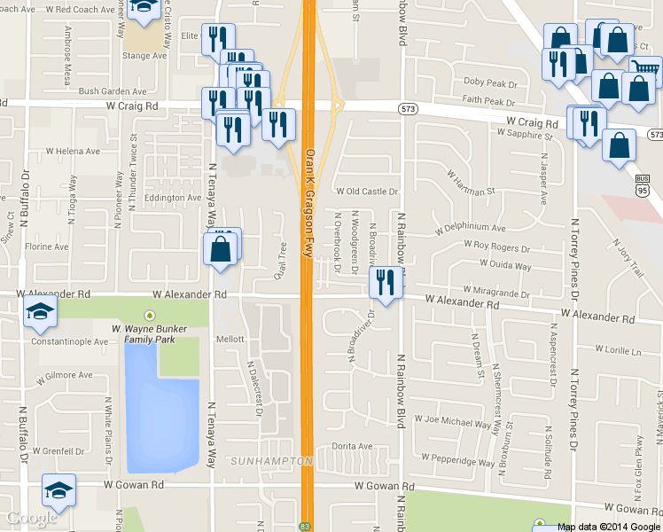map of restaurants, bars, coffee shops, grocery stores, and more near 4033 North Overbrook Drive in Las Vegas