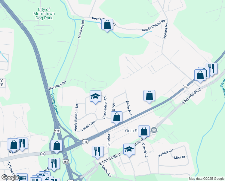 map of restaurants, bars, coffee shops, grocery stores, and more near 511 Mc Ghee Avenue in Morristown