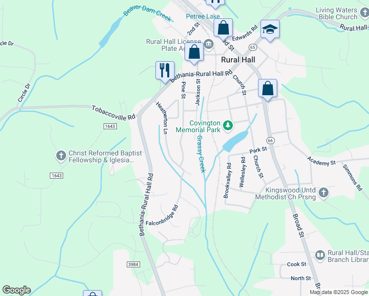 map of restaurants, bars, coffee shops, grocery stores, and more near 7623 Pine Street in Rural Hall