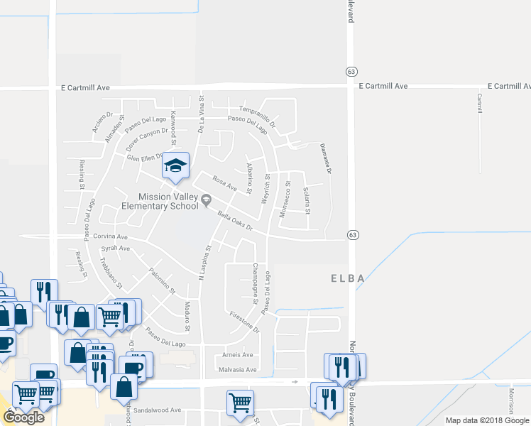 map of restaurants, bars, coffee shops, grocery stores, and more near 1924 Weyrich Street in Tulare