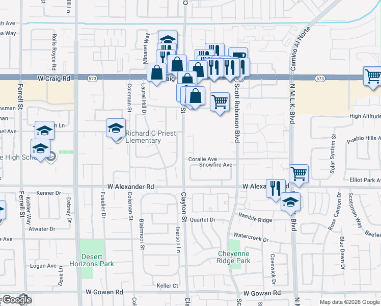 map of restaurants, bars, coffee shops, grocery stores, and more near 1916 Snowfire Avenue in North Las Vegas
