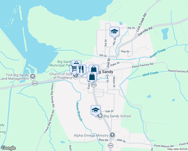 map of restaurants, bars, coffee shops, grocery stores, and more near Main Street in Big Sandy