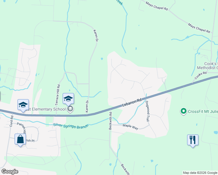 map of restaurants, bars, coffee shops, grocery stores, and more near 1310 Teddys Place in Mt. Juliet