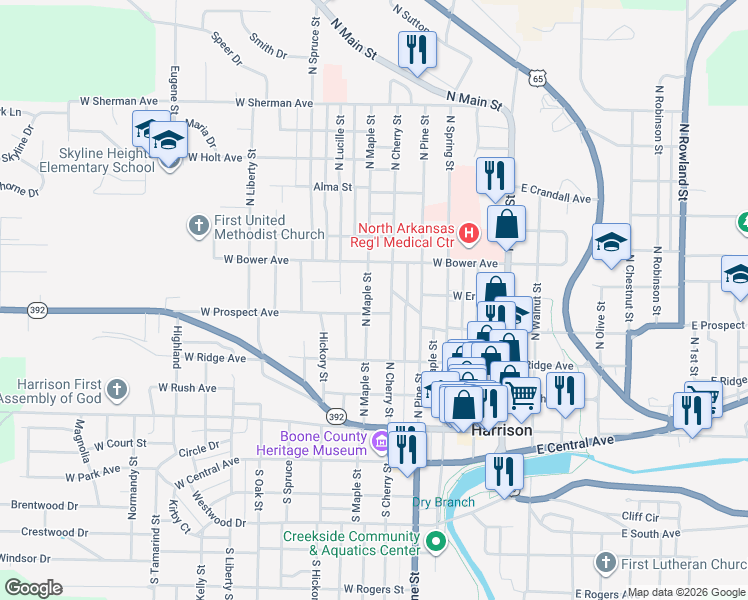 map of restaurants, bars, coffee shops, grocery stores, and more near 501 West Prospect Avenue in Harrison