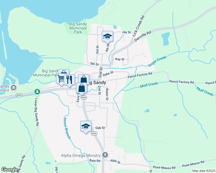 map of restaurants, bars, coffee shops, grocery stores, and more near 2-98 Melton Ln in Big Sandy
