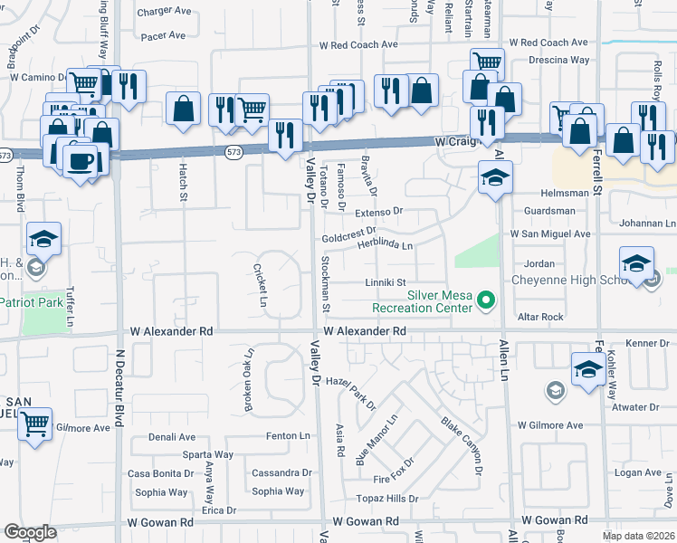 map of restaurants, bars, coffee shops, grocery stores, and more near 4111 Tatum Court in North Las Vegas