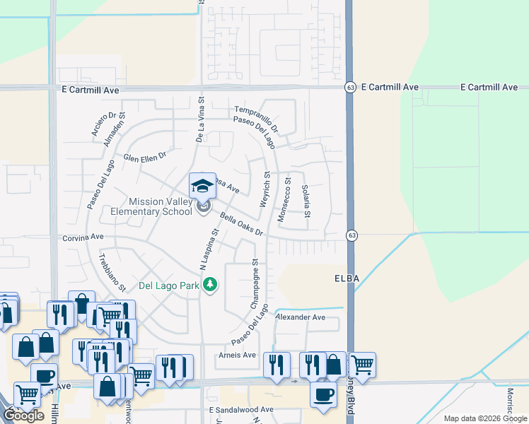 map of restaurants, bars, coffee shops, grocery stores, and more near 1939 Monsecco Street in Tulare