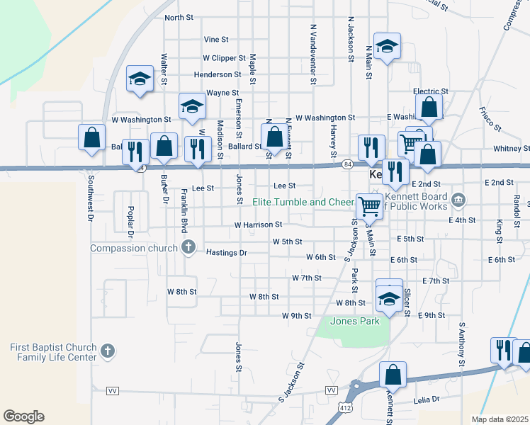 map of restaurants, bars, coffee shops, grocery stores, and more near 313 South Walnut Street in Kennett