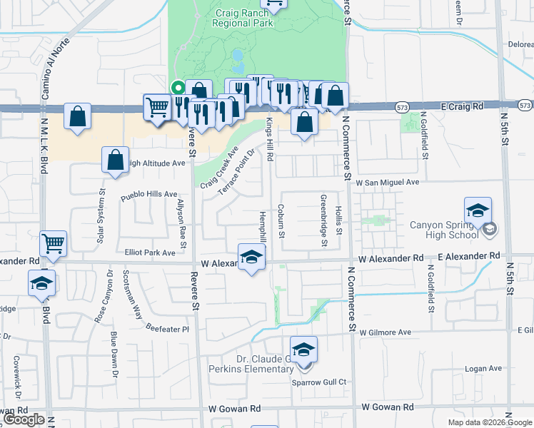 map of restaurants, bars, coffee shops, grocery stores, and more near 4114 Hemphill Street in North Las Vegas