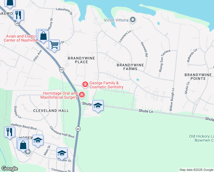 map of restaurants, bars, coffee shops, grocery stores, and more near 205 Montchanin Drive in Nashville