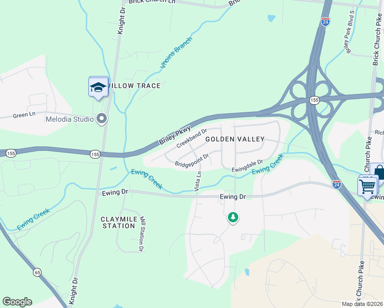 map of restaurants, bars, coffee shops, grocery stores, and more near 3148 Bridgepoint Drive in Nashville