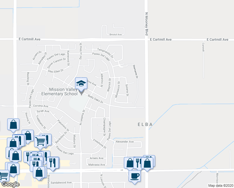 map of restaurants, bars, coffee shops, grocery stores, and more near Monsecco Street & Tinto Avenue in Tulare