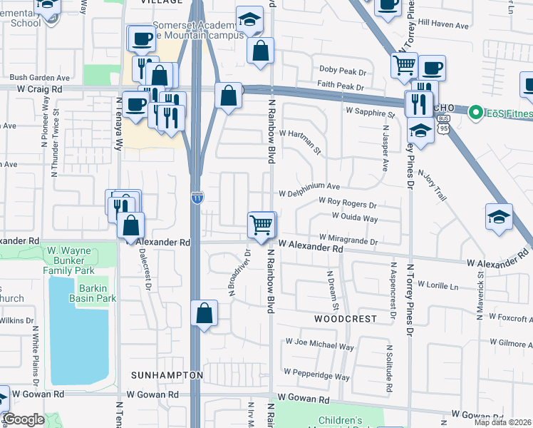 map of restaurants, bars, coffee shops, grocery stores, and more near 4045 North Compass Rose Way in Las Vegas