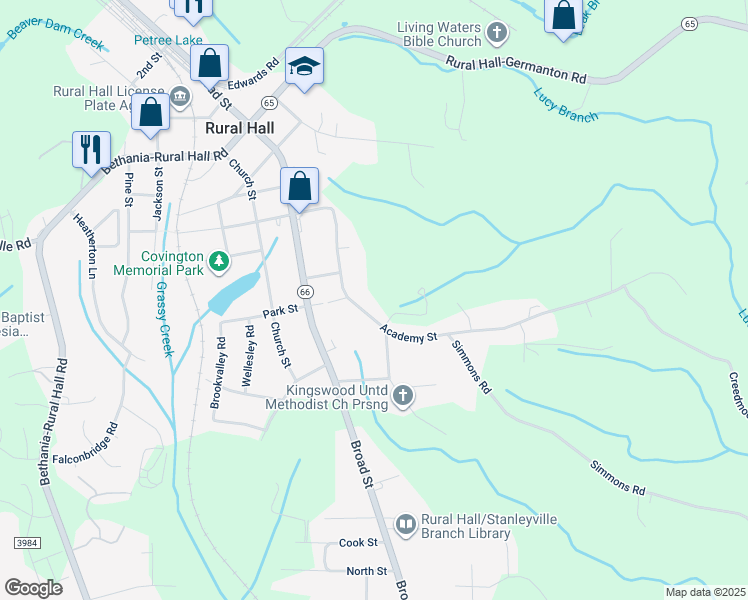 map of restaurants, bars, coffee shops, grocery stores, and more near 375 Academy Street in Rural Hall
