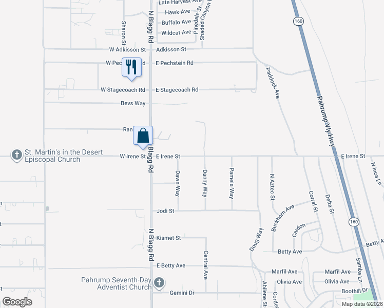 map of restaurants, bars, coffee shops, grocery stores, and more near 180 East Irene Street in Pahrump