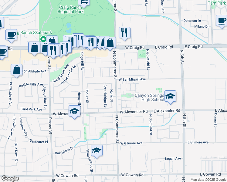 map of restaurants, bars, coffee shops, grocery stores, and more near 4114 Hollis Street in North Las Vegas