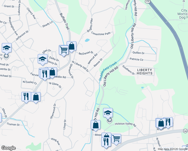 map of restaurants, bars, coffee shops, grocery stores, and more near 1546 North Liberty Hill Drive in Morristown