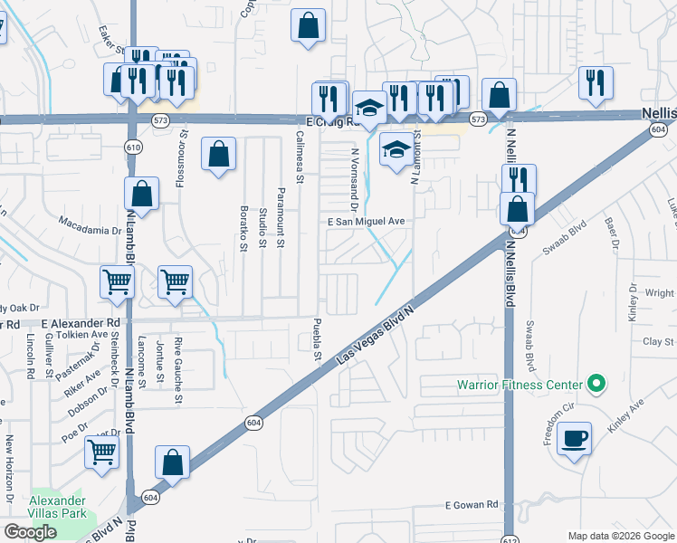 map of restaurants, bars, coffee shops, grocery stores, and more near 4734 Valleyside Avenue in Las Vegas