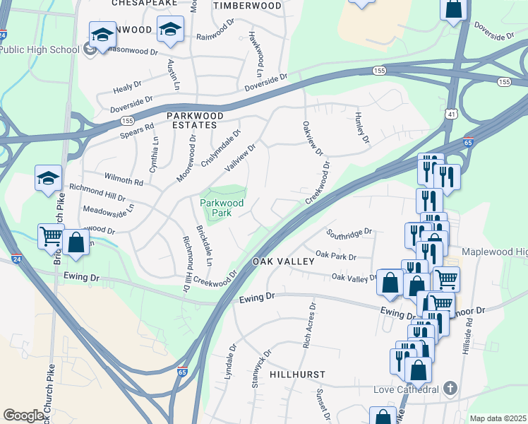 map of restaurants, bars, coffee shops, grocery stores, and more near 3301 Creekwood Drive in Nashville