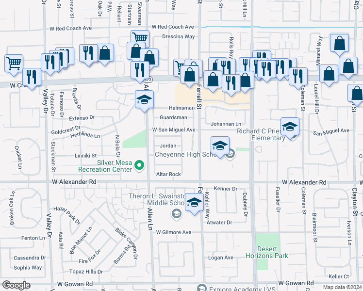 map of restaurants, bars, coffee shops, grocery stores, and more near Jordan Ln in North Las Vegas