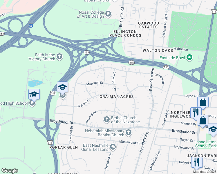 map of restaurants, bars, coffee shops, grocery stores, and more near 617 Joyce Lane in Nashville