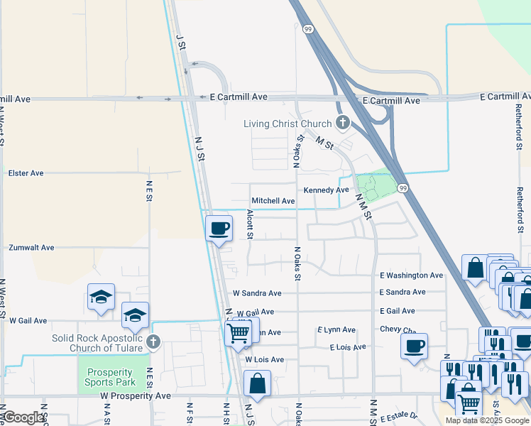 map of restaurants, bars, coffee shops, grocery stores, and more near 2190 De Foe Court in Tulare
