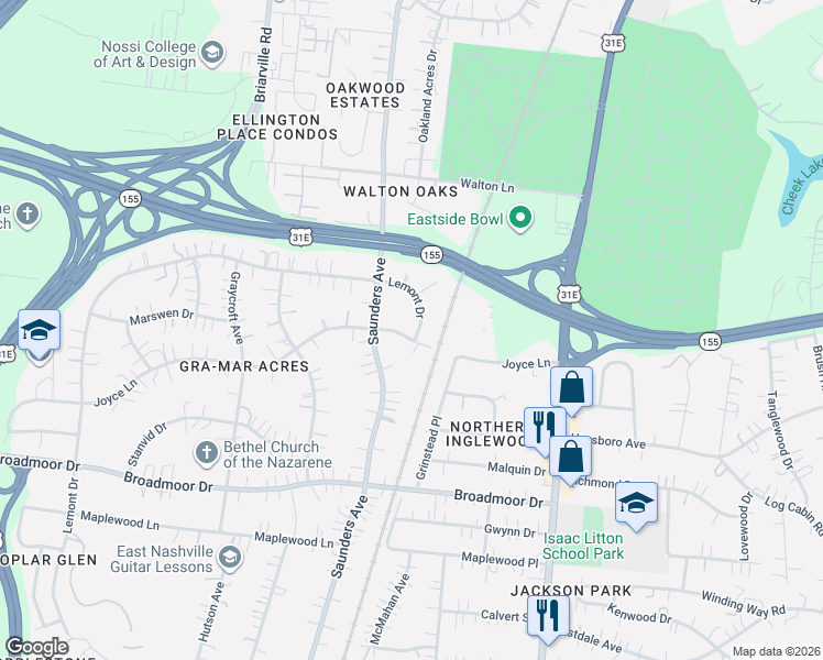 map of restaurants, bars, coffee shops, grocery stores, and more near 918 Joyce Lane in Nashville