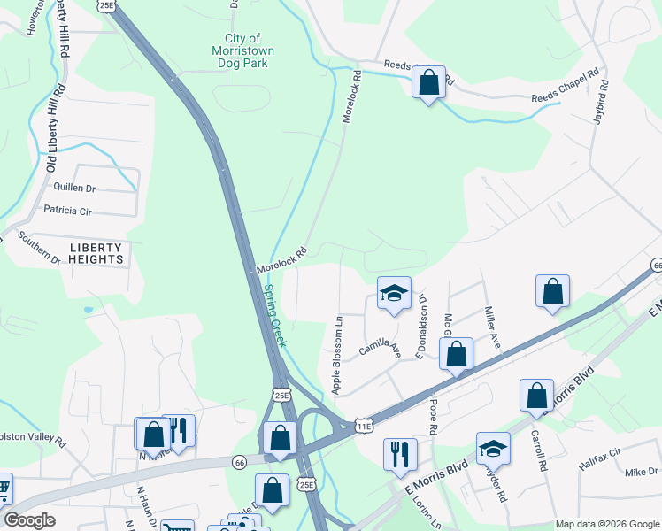 map of restaurants, bars, coffee shops, grocery stores, and more near 635 Apple Blossom Lane in Morristown