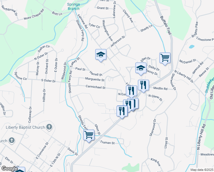 map of restaurants, bars, coffee shops, grocery stores, and more near 1244 Carmichael Street in Morristown