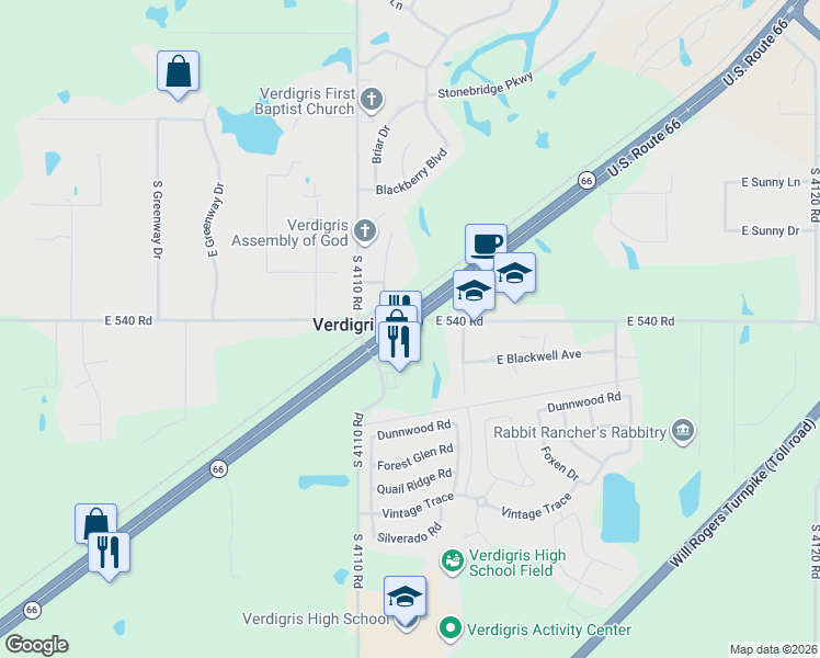 map of restaurants, bars, coffee shops, grocery stores, and more near 26053 South Dollar Drive in Claremore