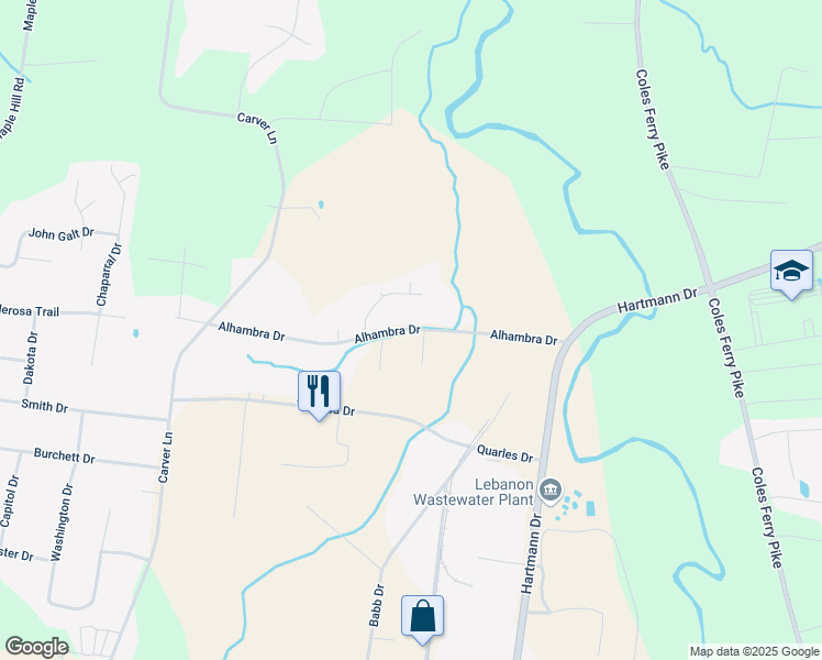 map of restaurants, bars, coffee shops, grocery stores, and more near 1416 Alhambra Drive in Lebanon