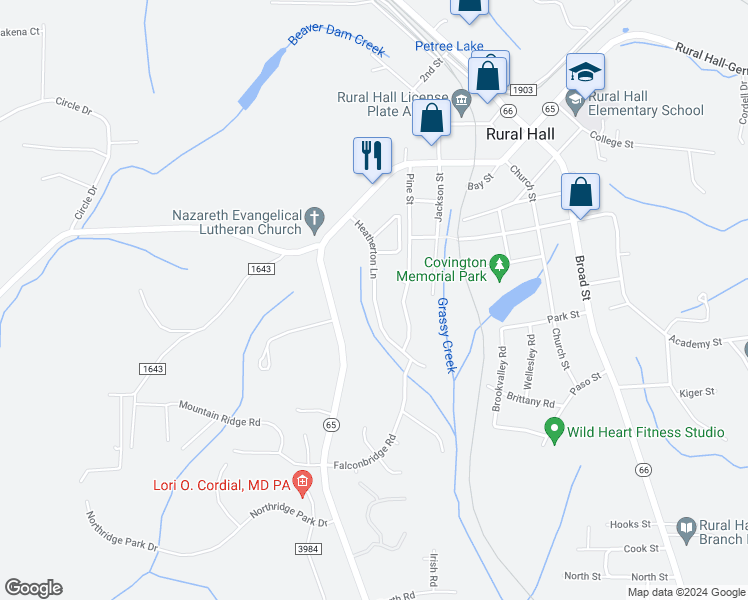 map of restaurants, bars, coffee shops, grocery stores, and more near 525 Heatherton Lane in Rural Hall