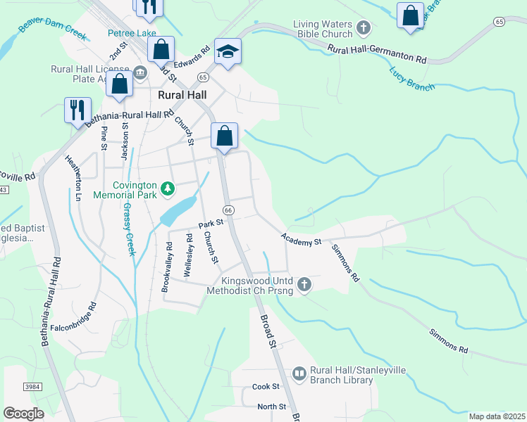 map of restaurants, bars, coffee shops, grocery stores, and more near 325 Academy Street in Rural Hall