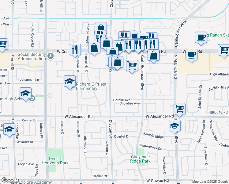 map of restaurants, bars, coffee shops, grocery stores, and more near 4131 Agama Street in North Las Vegas