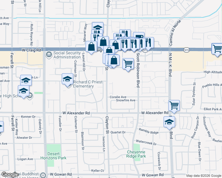 map of restaurants, bars, coffee shops, grocery stores, and more near 1807 West Craig Road in North Las Vegas