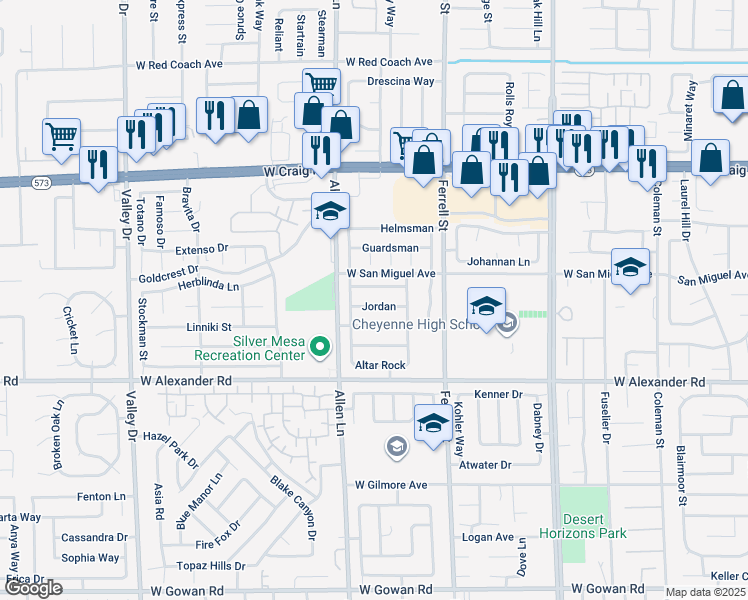 map of restaurants, bars, coffee shops, grocery stores, and more near 3514 Jordan in North Las Vegas