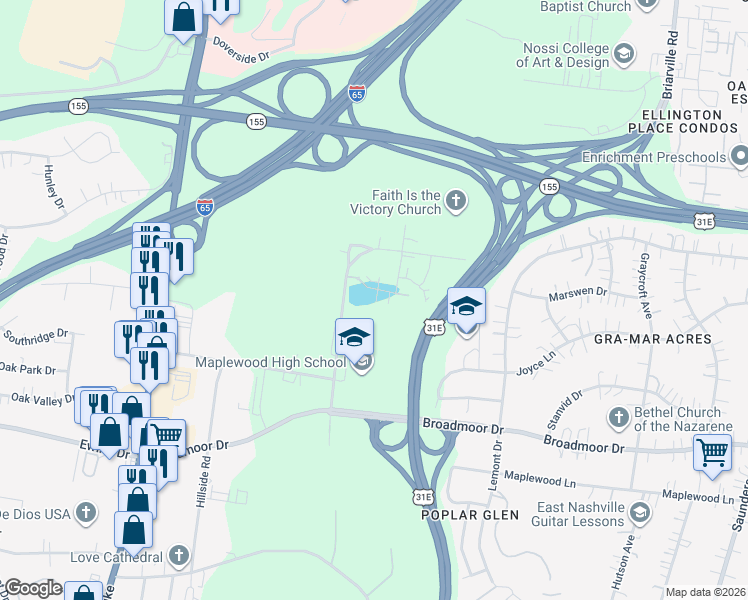 map of restaurants, bars, coffee shops, grocery stores, and more near 309 East Village Lane in Nashville