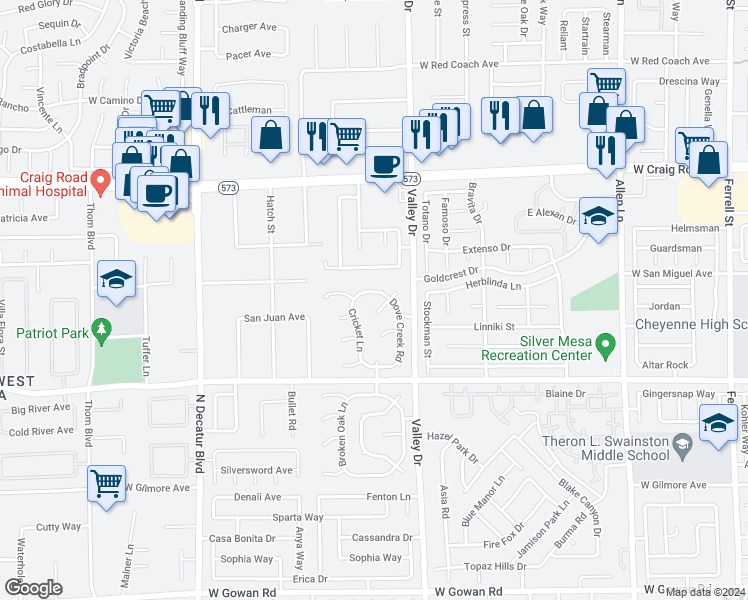 map of restaurants, bars, coffee shops, grocery stores, and more near 4325 Bob White Drive in North Las Vegas